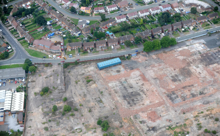 Aerial view of a Brownfield site ready for construction work West Midlands Uk