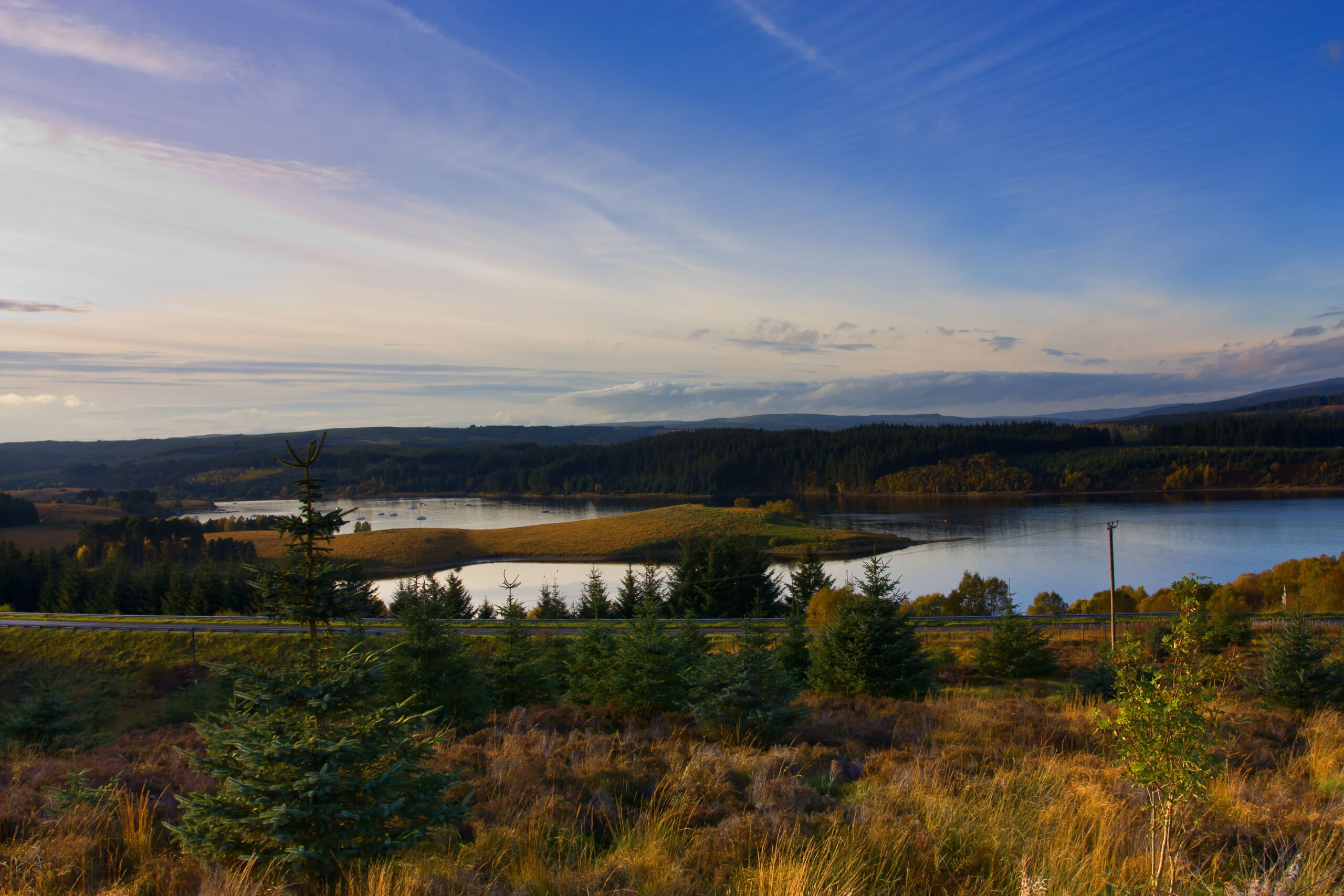 Kielder Water in late afternoon Autumn sunshine, North Tyne Valley, Northumberland