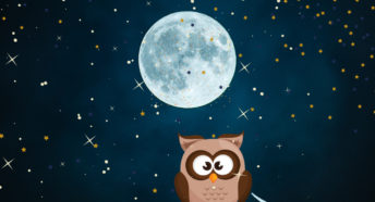 Cartoon owl with moon and stars behind