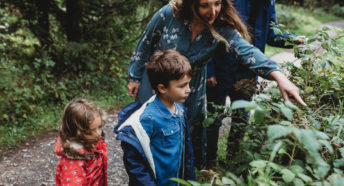 Family interacting with bramble hedgerow